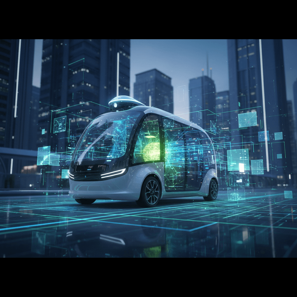 A sleek, futuristic autonomous vehicle in a city, with glowing data streams flowing around and through it.