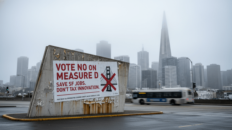 A concrete billboard displaying "VOTE NO ON MEASURE D" with a crossed-out Golden Gate Bridge logo, San Francisco skyline in fog.