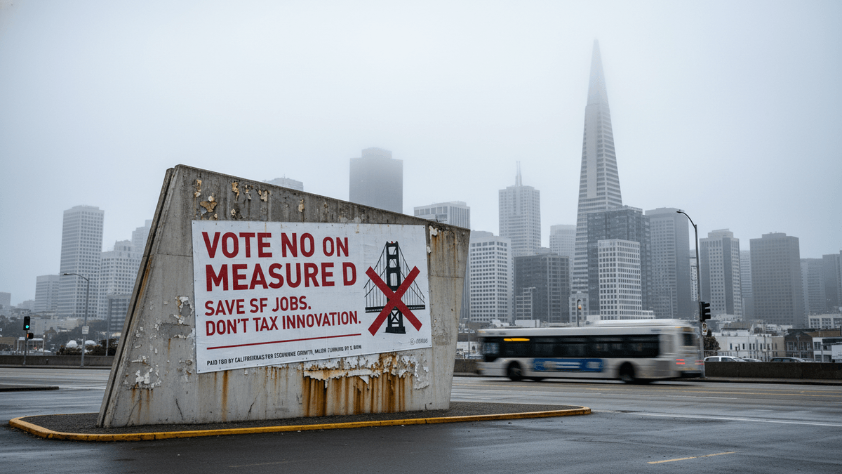 A concrete billboard displaying "VOTE NO ON MEASURE D" with a crossed-out Golden Gate Bridge logo, San Francisco skyline in fog.