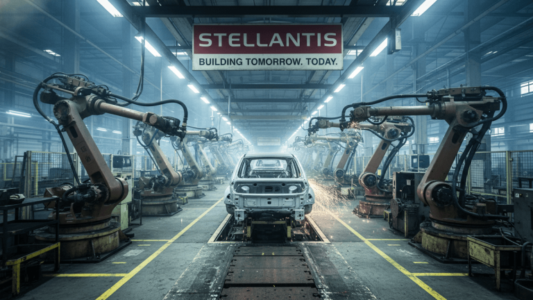 An ultra-realistic photograph captures a Stellantis automobile assembly line, with multiple robotic arms welding car frames.