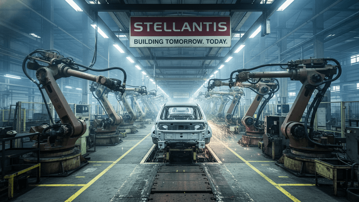 An ultra-realistic photograph captures a Stellantis automobile assembly line, with multiple robotic arms welding car frames.