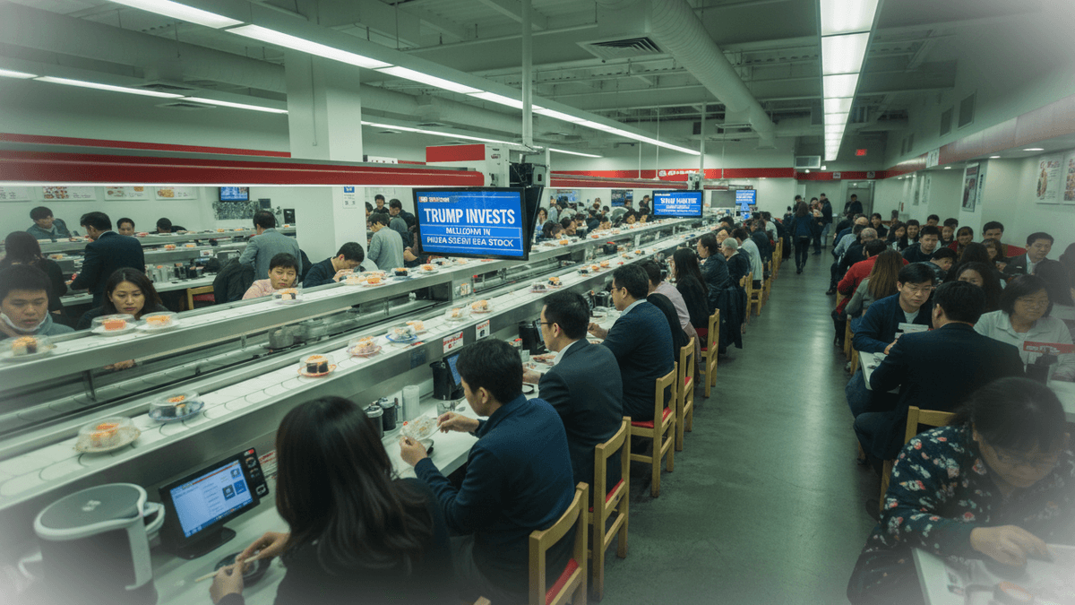 An interior shot of a Kura Sushi restaurant, showing customers seated along conveyor belts with sushi dishes.