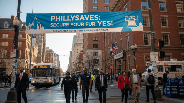 A wide street scene in Philadelphia under a large blue banner promoting "PhillySaves" with pedestrians walking and a bus in traffic.