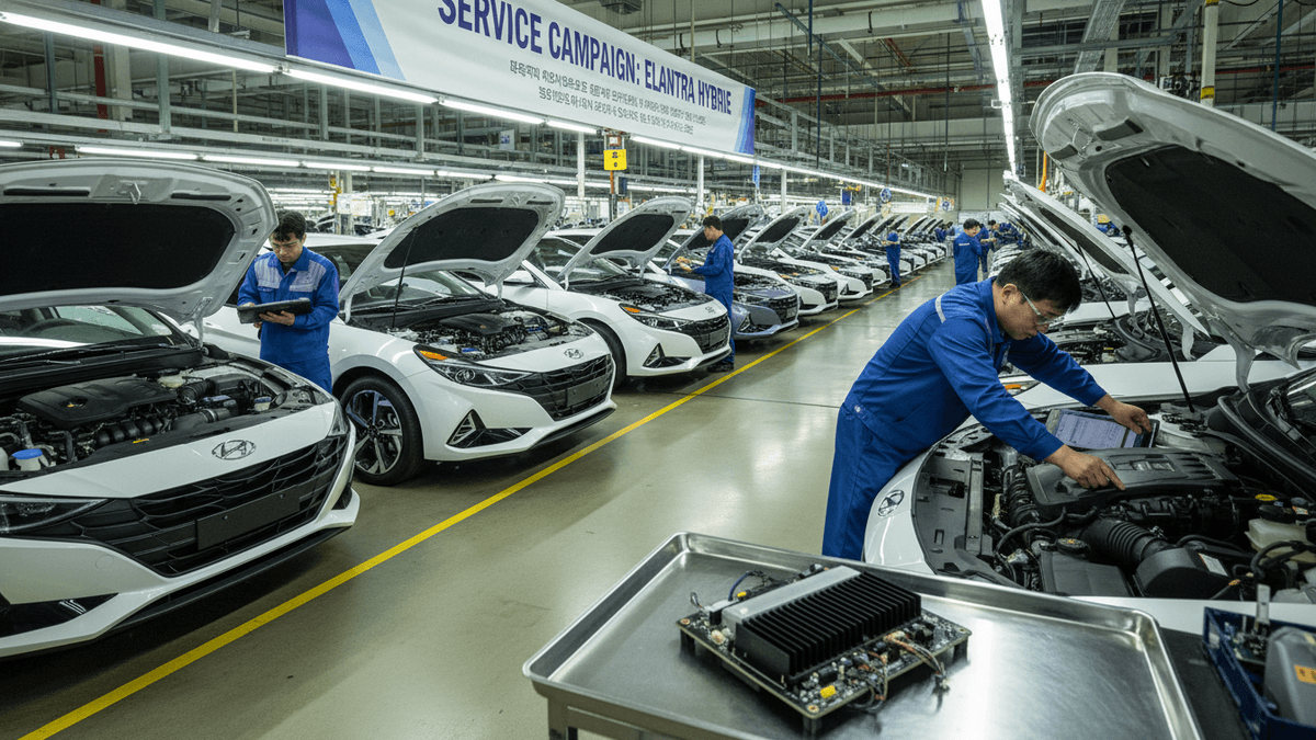 A wide shot of a Hyundai assembly line with multiple white Elantra Hybrid cars, hoods open, being worked on by technicians in blue uniforms. A detached hybrid power control unit (HPCU) is visible in the foreground.