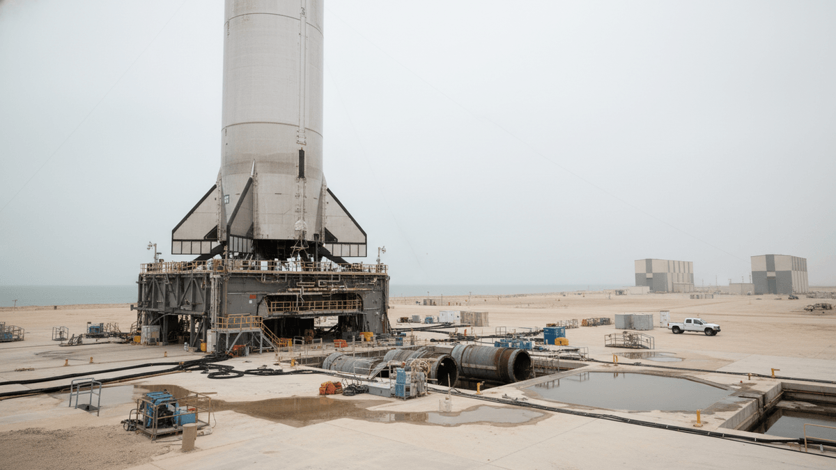 A large SpaceX Starship rocket stands on a concrete launchpad under a vast, overcast sky, with industrial structures and flat land extending to the horizon.