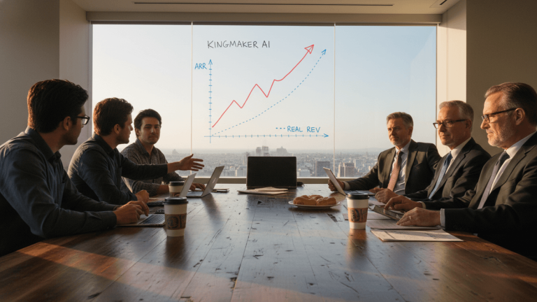 A group of men in a sunlit conference room, two younger men presenting to four older men in suits. A whiteboard graph shows "KINGMAKER AI," "ARR" far above "REAL REV."