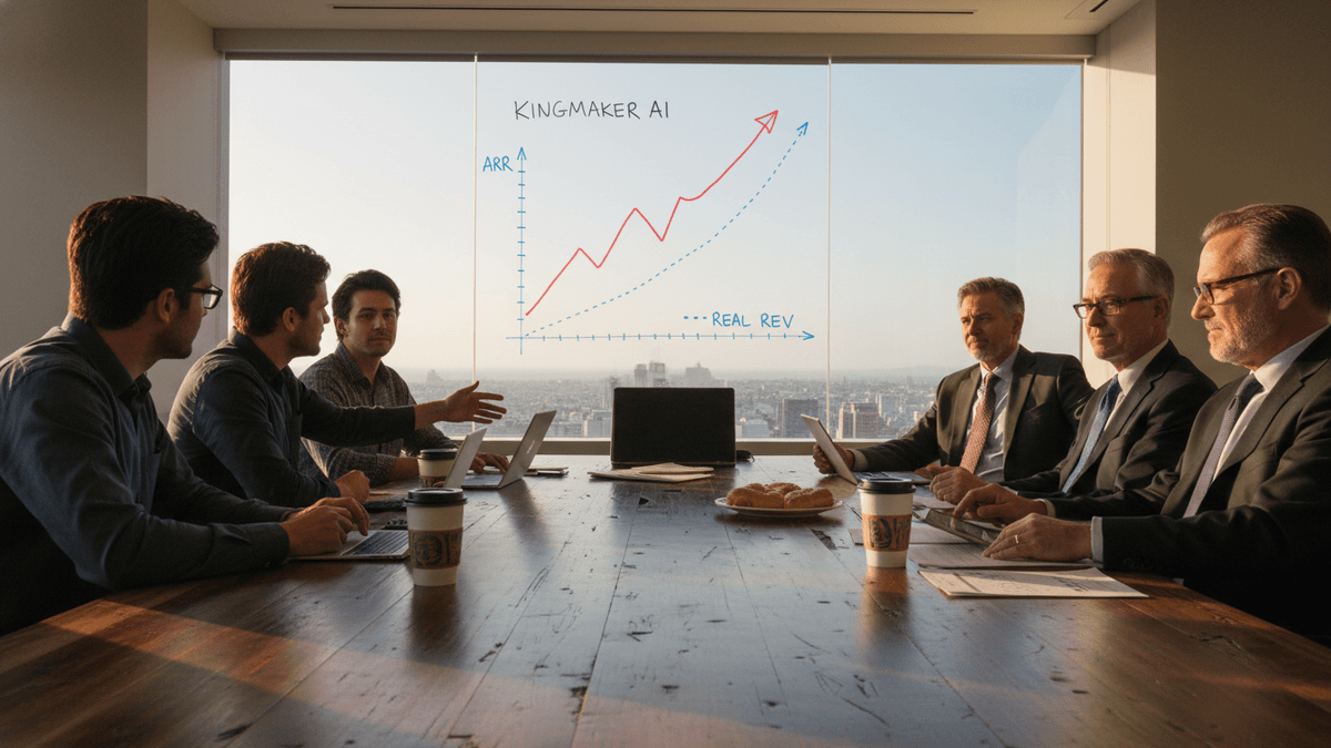 A group of men in a sunlit conference room, two younger men presenting to four older men in suits. A whiteboard graph shows "KINGMAKER AI," "ARR" far above "REAL REV."