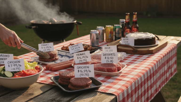 A hand uses tongs to place a raw burger patty on a plate next to price tags for various food items on a picnic table.