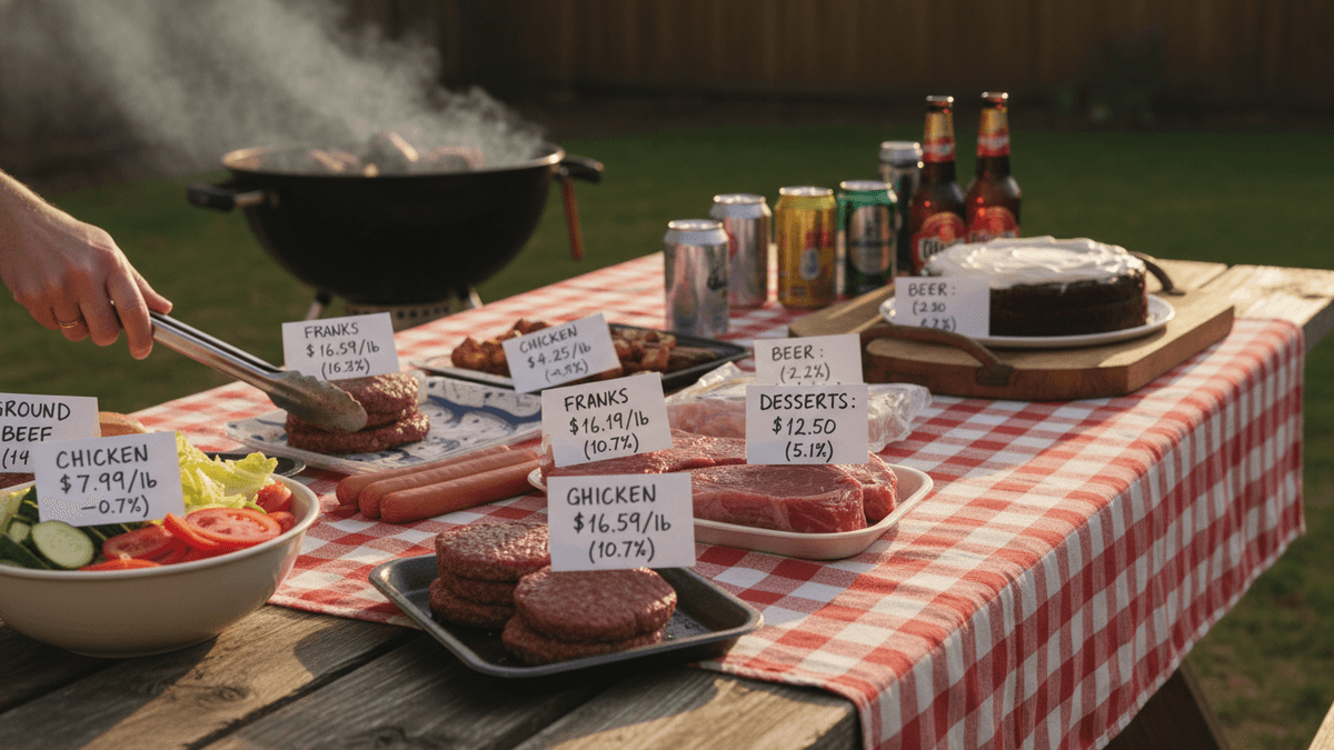 A hand uses tongs to place a raw burger patty on a plate next to price tags for various food items on a picnic table.