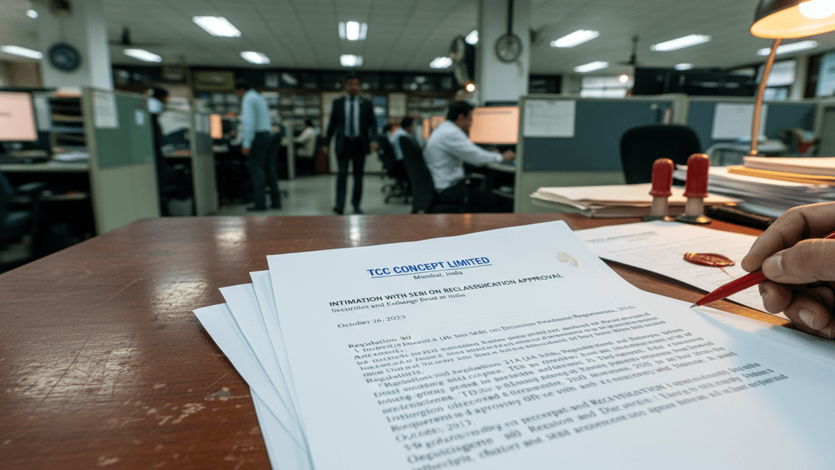 A hand holding a red pen is poised to sign a document titled "TCC CONCEPT LIMITED INTIMATION ON SEBI RECLASSIFICATION APPROVAL" on a wooden desk. In the background, an Indian office environment with blurry figures of men working at computers under fluorescent lighting.