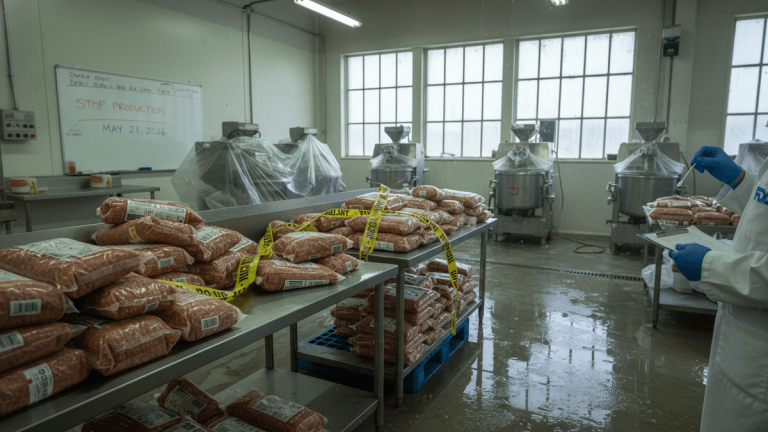 An interior shot of a processing facility with tables of packaged raw pet food marked with yellow tape, machinery covered in plastic, and a worker collecting samples.