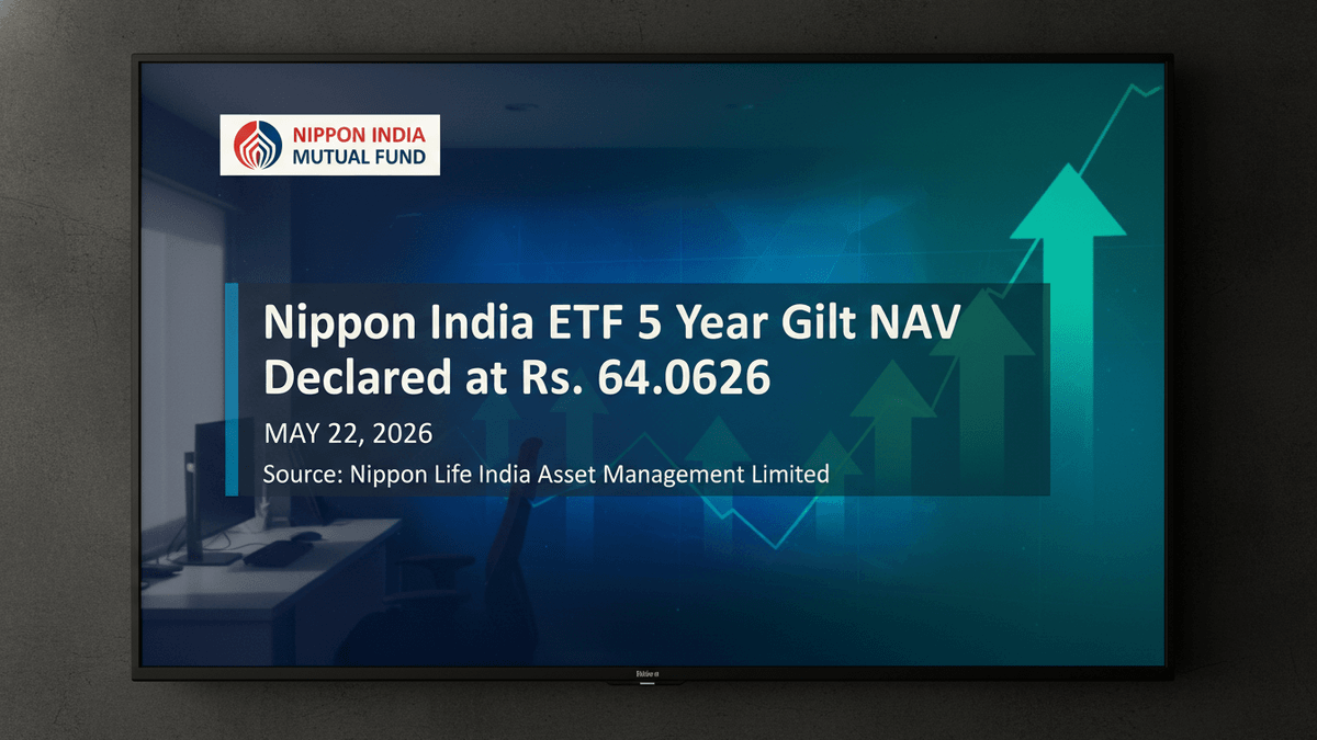 A flat-screen monitor in a corporate office setting shows a headline: "Nippon India ETF 5 Year Gilt NAV Declared at Rs. 64.0626"