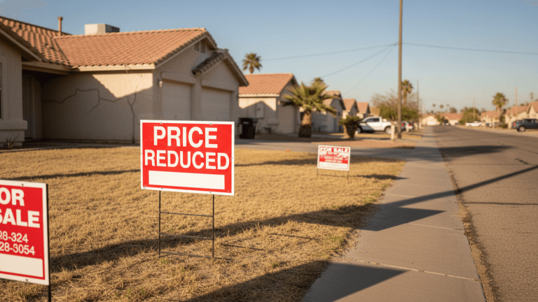 A red and white "PRICE REDUCED" sign stands in a dry, yellowed front lawn, with suburban houses and a street visible behind it.