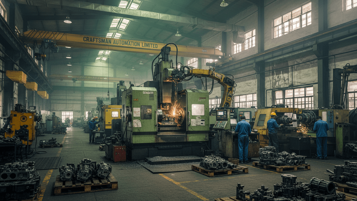 A wide shot of a busy factory floor with large green industrial machines, sparks flying from one, and several workers in blue uniforms.