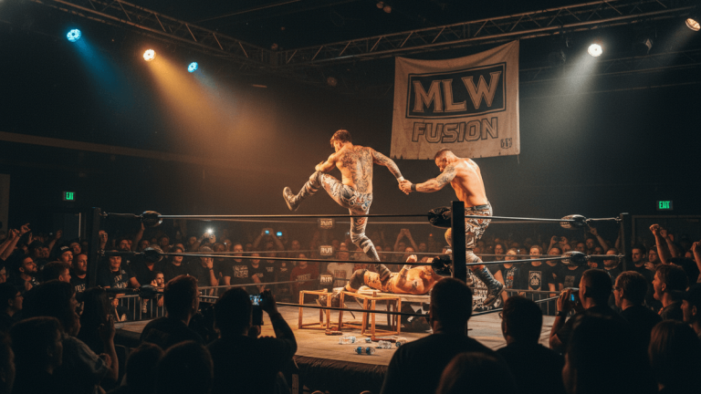 Two male wrestlers in the ring, one jumping off the top rope, with a third on a table below, surrounded by a cheering crowd.