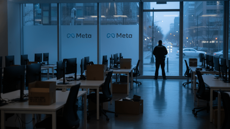 An empty office floor at Meta, rows of desks with monitors, a security guard stands by the window looking out.