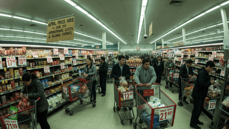 An interior shot of a supermarket aisle with multiple shoppers pushing carts, surrounded by shelves stocked with various products.