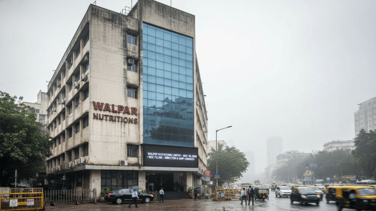 A low-angle, wide shot of the Walpar Nutritions Limited building, a tall, concrete structure with some glass facades, on a rainy day. Traffic moves on the wet street in front of it.