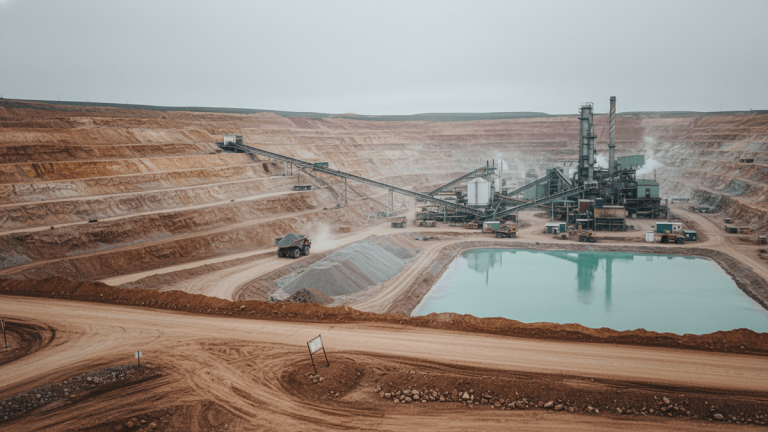 An expansive open-pit mine with stepped red and yellow earth, a large blue-green tailings pond, and extensive industrial processing machinery.