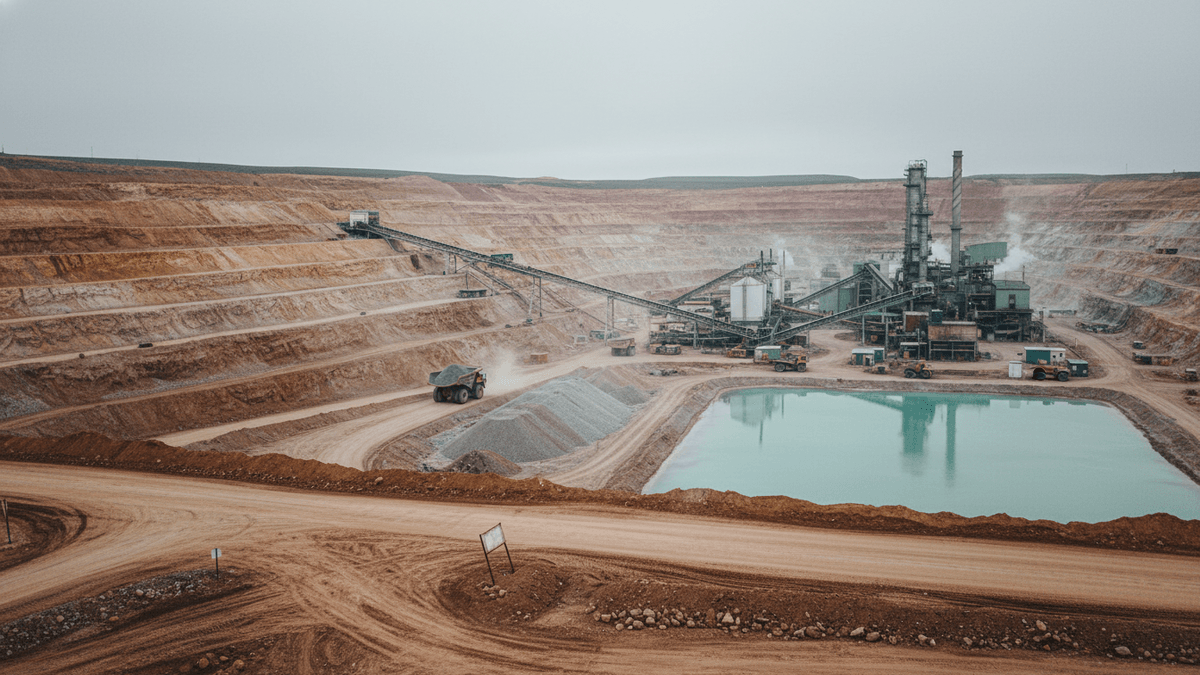An expansive open-pit mine with stepped red and yellow earth, a large blue-green tailings pond, and extensive industrial processing machinery.