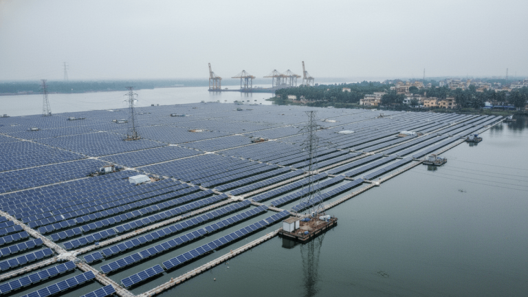 An aerial view of a large floating solar panel installation covering a significant portion of a lake, with high-voltage transmission towers rising from the water and port cranes visible in the hazy distance.