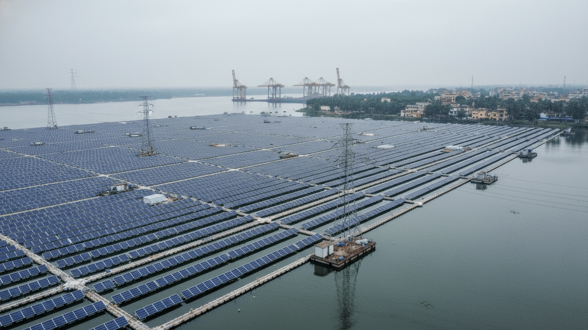 An aerial view of a large floating solar panel installation covering a significant portion of a lake, with high-voltage transmission towers rising from the water and port cranes visible in the hazy distance.