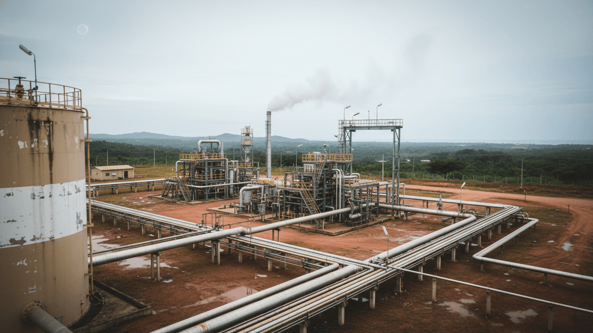An elevated view of a natural gas processing facility with multiple pipes, towers, and a large storage tank under a cloudy sky.
