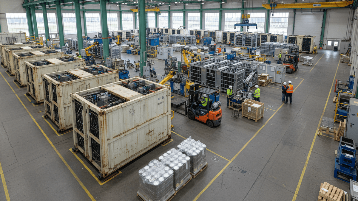 A large, brightly lit industrial factory floor with rows of partially assembled battery energy storage units. Workers in safety vests and hard hats are visible near forklifts.