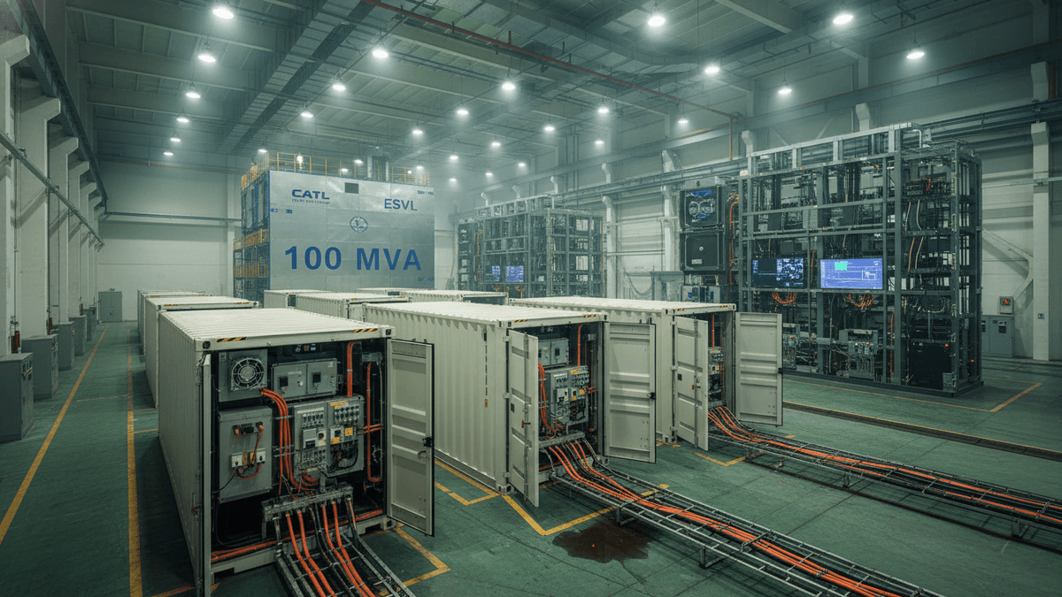 Wide shot of a large, brightly lit industrial laboratory with rows of white energy storage containers connected by orange cables.