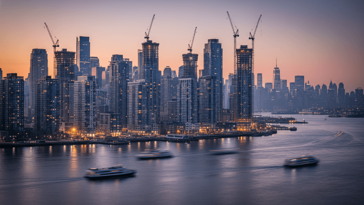 An aerial, wide-angle shot of Jersey City's rapidly developing waterfront skyline at dusk, with construction cranes atop multiple high-rise buildings.