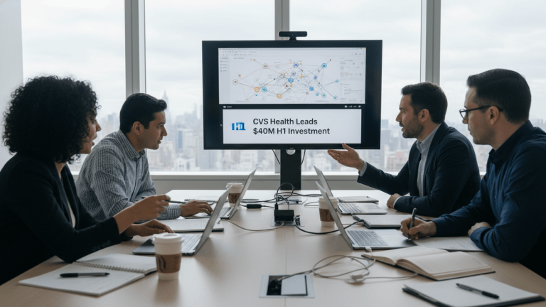 Four individuals in a modern boardroom, one presenting to a screen displaying "CVS Health Leads $40M H1 Investment," city buildings visible outside.