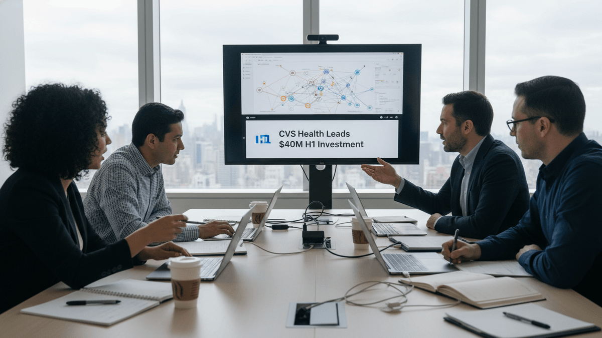 Four individuals in a modern boardroom, one presenting to a screen displaying "CVS Health Leads $40M H1 Investment," city buildings visible outside.