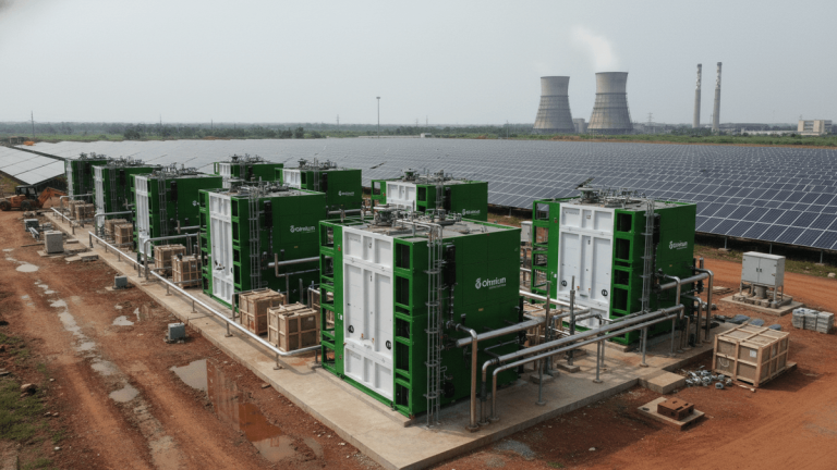 An aerial view of a green hydrogen plant featuring multiple green and white electrolyzer units in the foreground, surrounded by rows of solar panels extending into the mid-ground. In the far background, two large cooling towers and industrial chimneys are visible under a hazy sky. The ground is reddish-brown earth with some puddles and tracks.