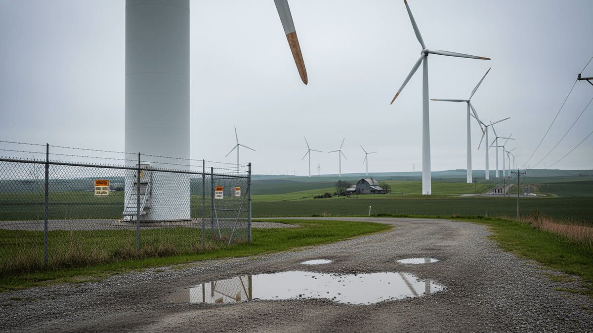 A wide shot of a wind farm on a cloudy day, showing large white wind turbines extending into the distance across green fields.