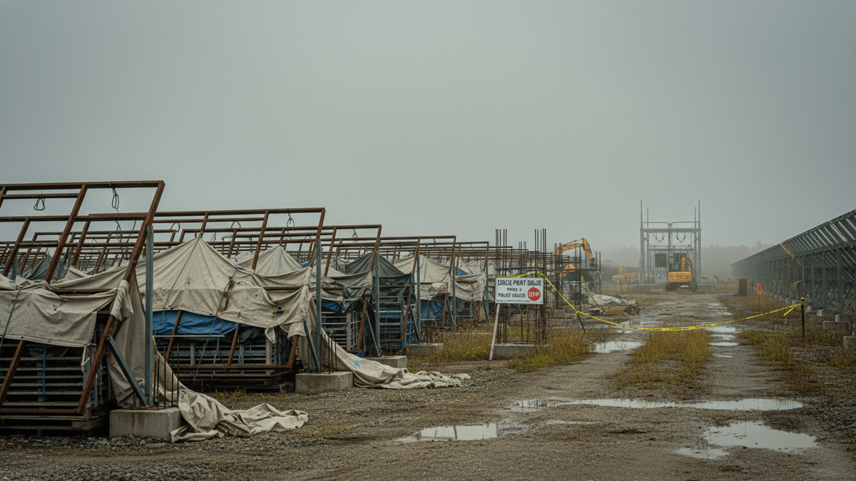 A wide shot of an unfinished solar farm site on a foggy, overcast day. Rows of tarp-covered racks are in the foreground.