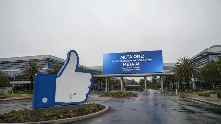 A large blue "Like" thumb icon in the foreground, with Meta's campus buildings and a billboard in the background.