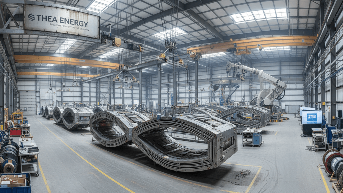 Wide shot of a clean, brightly lit industrial facility with large, curved metal structures resembling magnet coils.