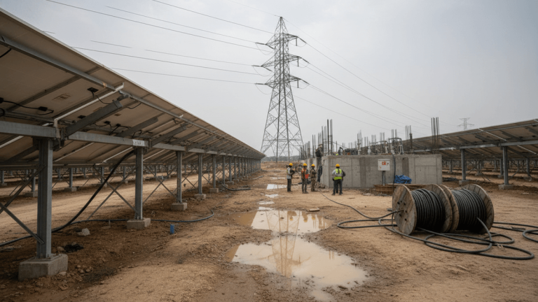 A wide shot of a solar farm construction site in India under an overcast sky, with solar panels, a large transmission tower, and construction workers.