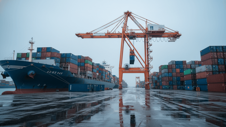 Wide shot of a container ship docked at a port, with a massive orange gantry crane transferring containers. Stacks of shipping containers are visible on the wet tarmac, reflecting the overcast sky.
