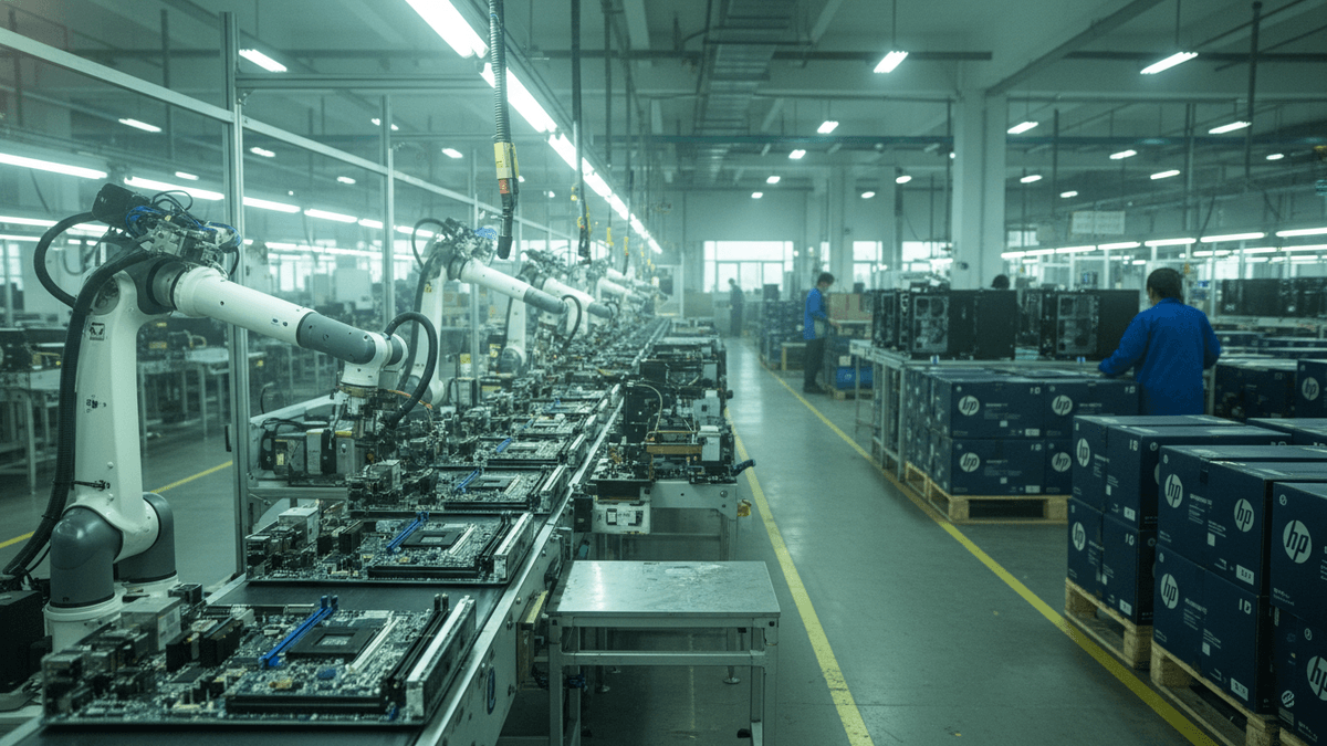 An industrial assembly line features numerous robotic arms working on circuit boards. In the background, workers in blue shirts are packing finished computer units.