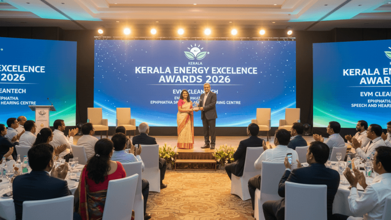 A woman in a saree accepts an award from a man in a suit on a stage, with a large screen displaying "Kerala Energy Excellence Awards 2026." An audience applauds.