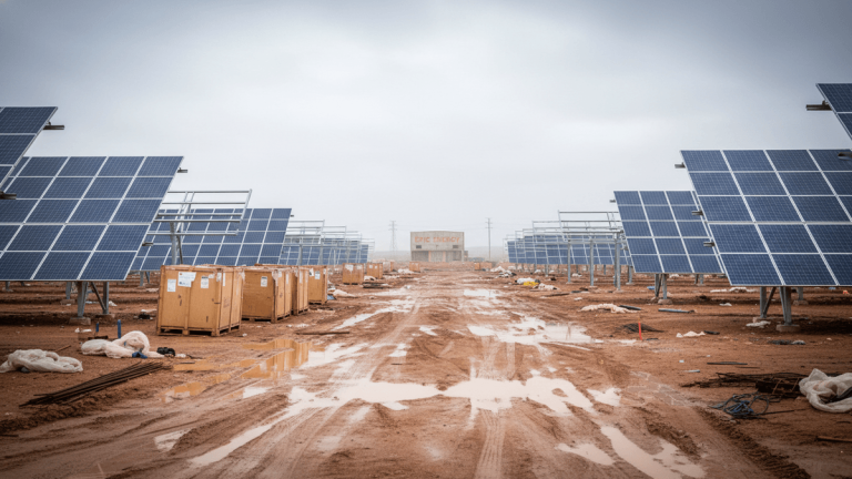An ultra-realistic editorial photograph showing an expansive solar panel field under an overcast sky, with a muddy track in the foreground.