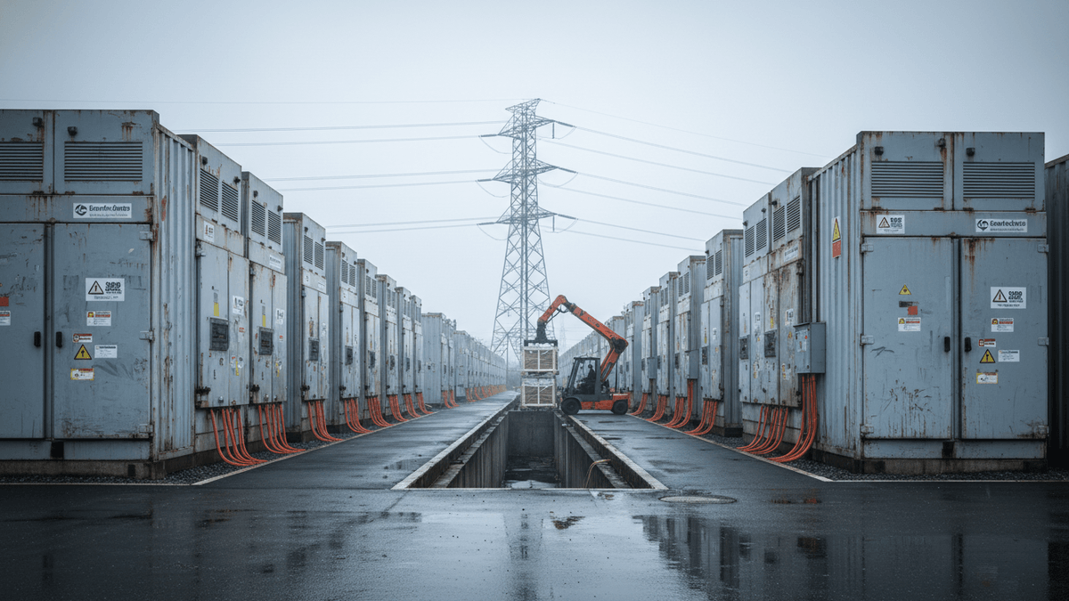 A long corridor of industrial battery storage containers under an overcast sky, with power lines and an excavator in the distance.