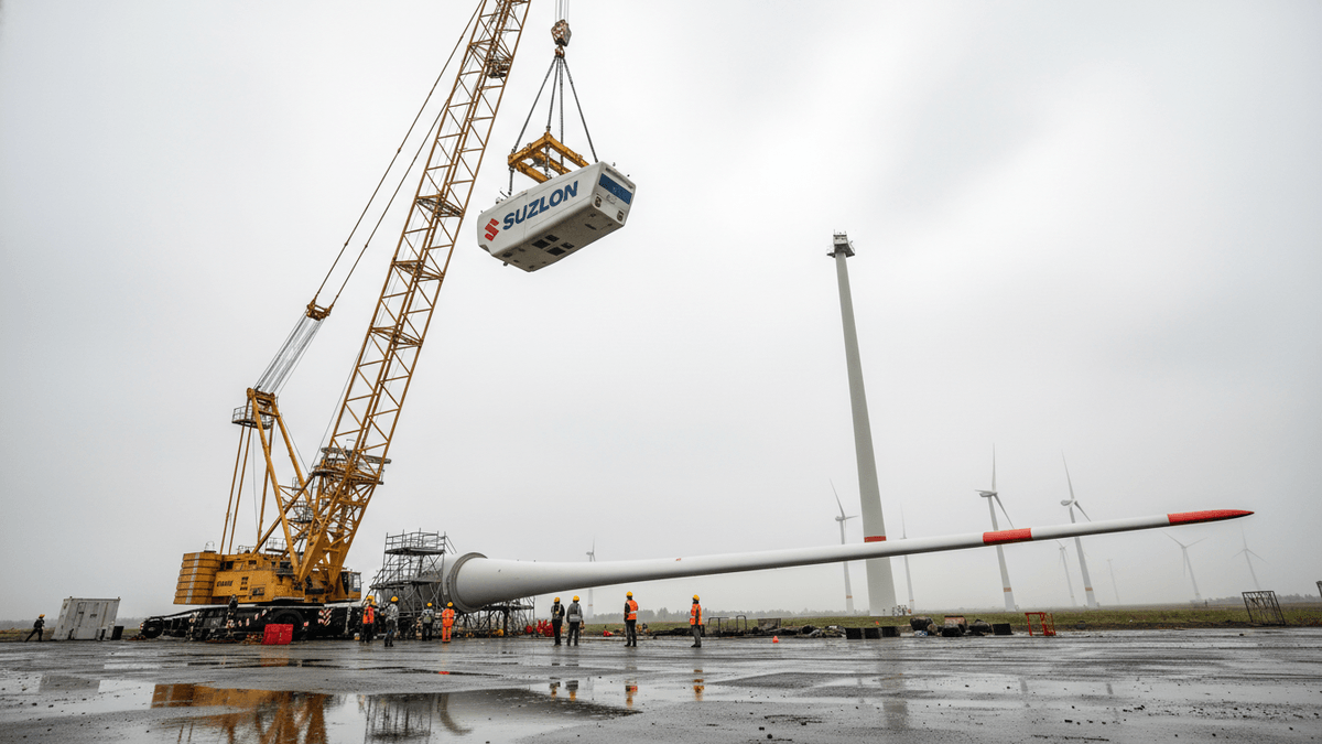 A large yellow crane lifts a white Suzlon wind turbine nacelle above workers and a long white turbine blade on a wet, grey tarmac.