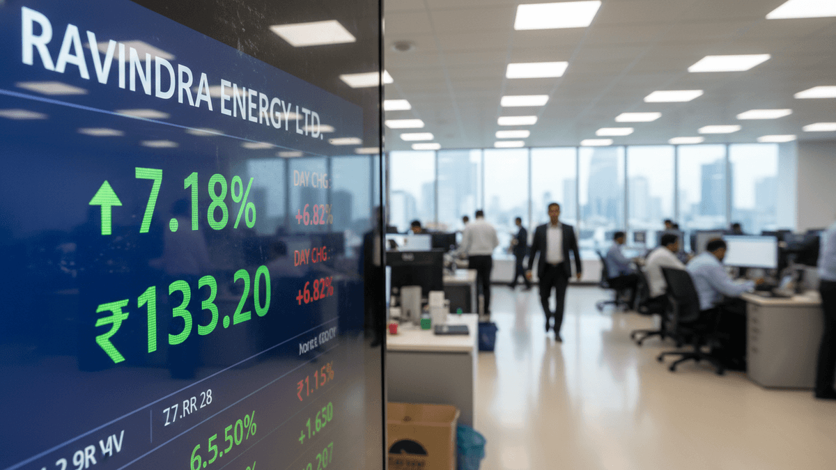 A close-up of a digital screen showing "RAVINDRA ENERGY LTD." and green stock market figures in an office.