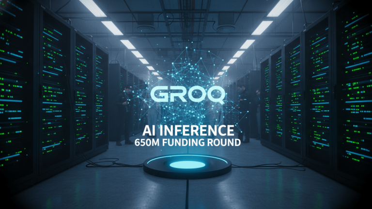 A dark, futuristic server room with rows of glowing blue-green servers. The text "GROQ AI INFERENCE 650M FUNDING ROUND" is centrally displayed.