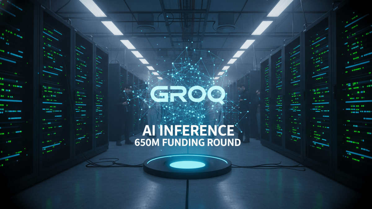 A dark, futuristic server room with rows of glowing blue-green servers. The text "GROQ AI INFERENCE 650M FUNDING ROUND" is centrally displayed.