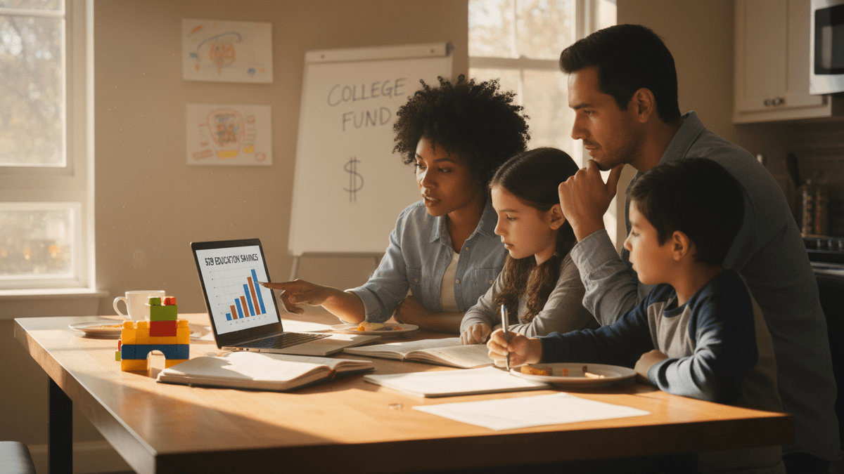 A family of four (two adults, two children) sits at a kitchen table, looking at a laptop displaying education savings data.