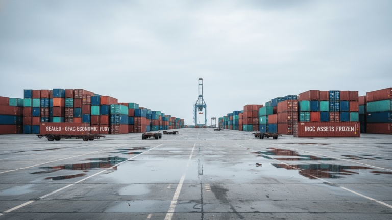 A wide shot of a container shipping terminal under a flat, grey sky. Stacks of multicolored shipping containers line both sides of a wet, asphalt yard, receding into the distance. In the center background, a tall gantry crane stands silhouetted against the bright horizon. Shallow puddles reflect the sky on the tarmac, and faint tire marks are visible. Two container chassis are parked in the foreground.