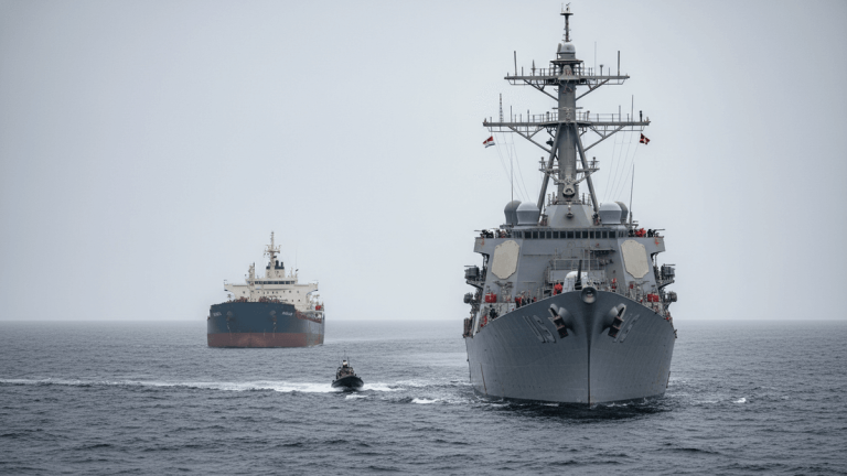 A grey US Navy destroyer faces forward, with a smaller patrol boat in front, and a red and black commercial freighter behind, under an overcast sky.